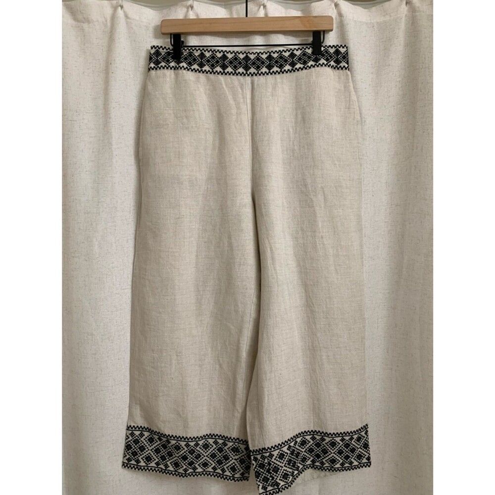 Boston Proper Malibu Embroidered Pull On Linen Blend Wide Leg Crop Cream Pant M - Picture 2 of 8